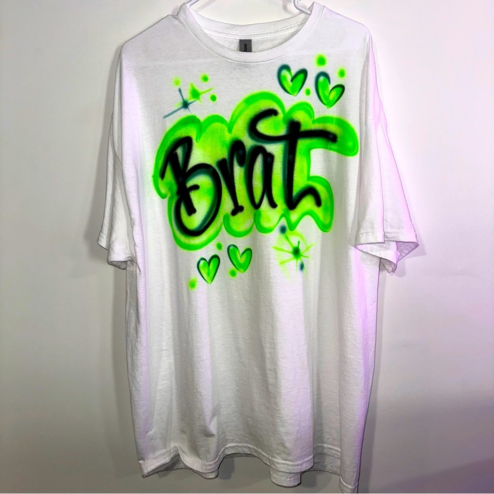 BRAT Spray Painted Air Bushed T-shirt White Green Black Gildan Costume SZ XXL